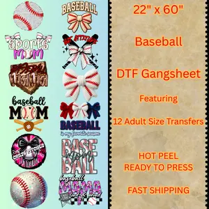 22" x 60" Baseball DTF Transfer Gangsheet Hot Peel Ready To Press