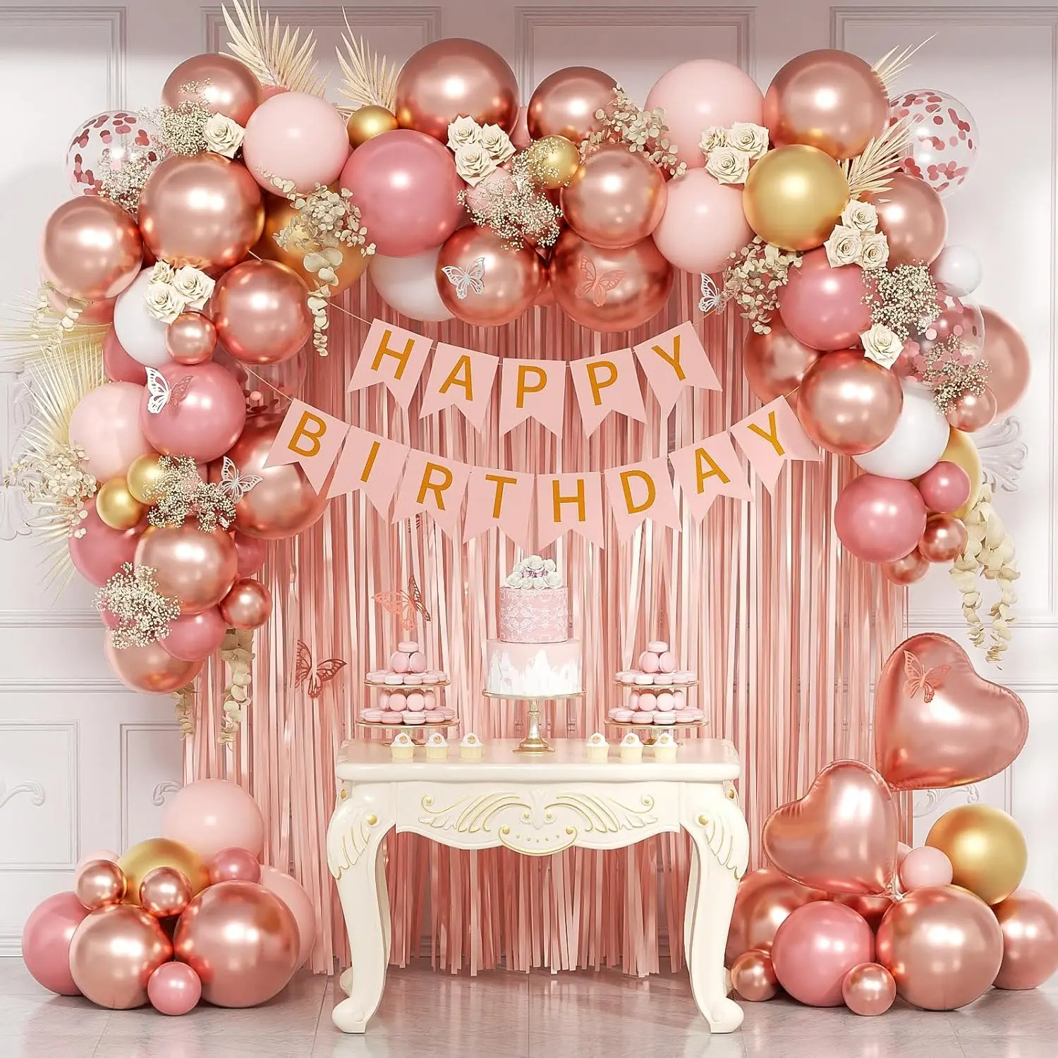 Rose Gold & Pink Birthday Decor Set, Confetti Balloons, Fringe Curtain & Banner for Women’s Party