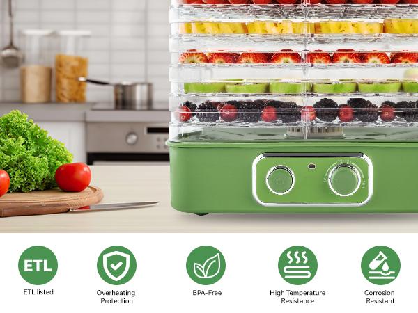 Pukomc Dehydrator with 5-Layer Capacity, BPA-Free Food-Grade AS Material, One-Touch Control for Fruits, Meats & More, Green Design Kitchen Appliances