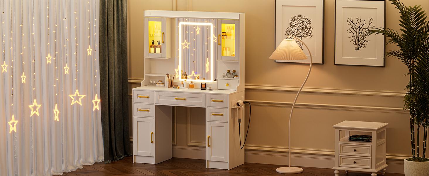 Makeup Vanity with HD Mirror, Dressing Table with Adjustable LED Lighting, Vanity Desk Ample Storage & Built-In Power Outlets – Perfect for Beauty Essentials and Home Use