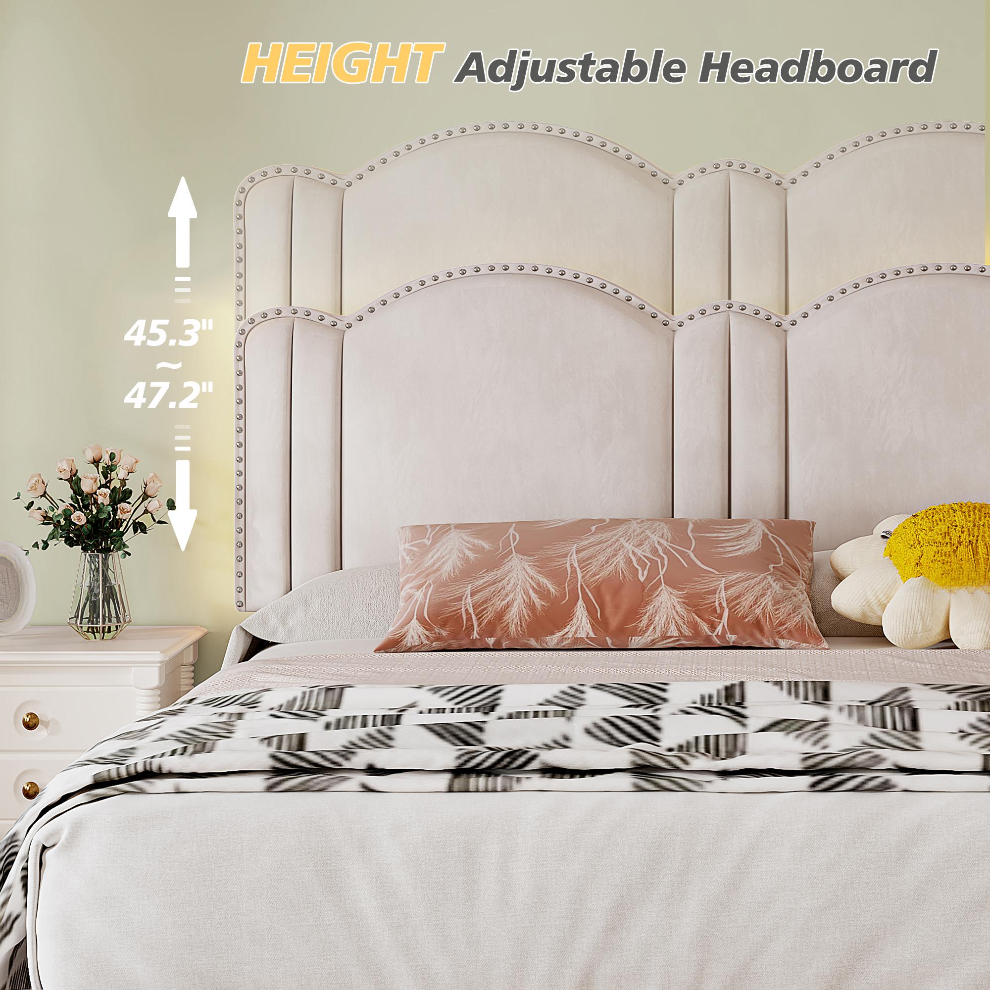 Raybee Furniture Full/Queen Size Upholstered Bed Frame with Velvet Cloud Headboard, Pink Princess Bed Frames with Storage Drawer and LED, Headboard Height Adjustable, Strong Support, No Box Spring Needed, Easy Assembly [Black Friday]