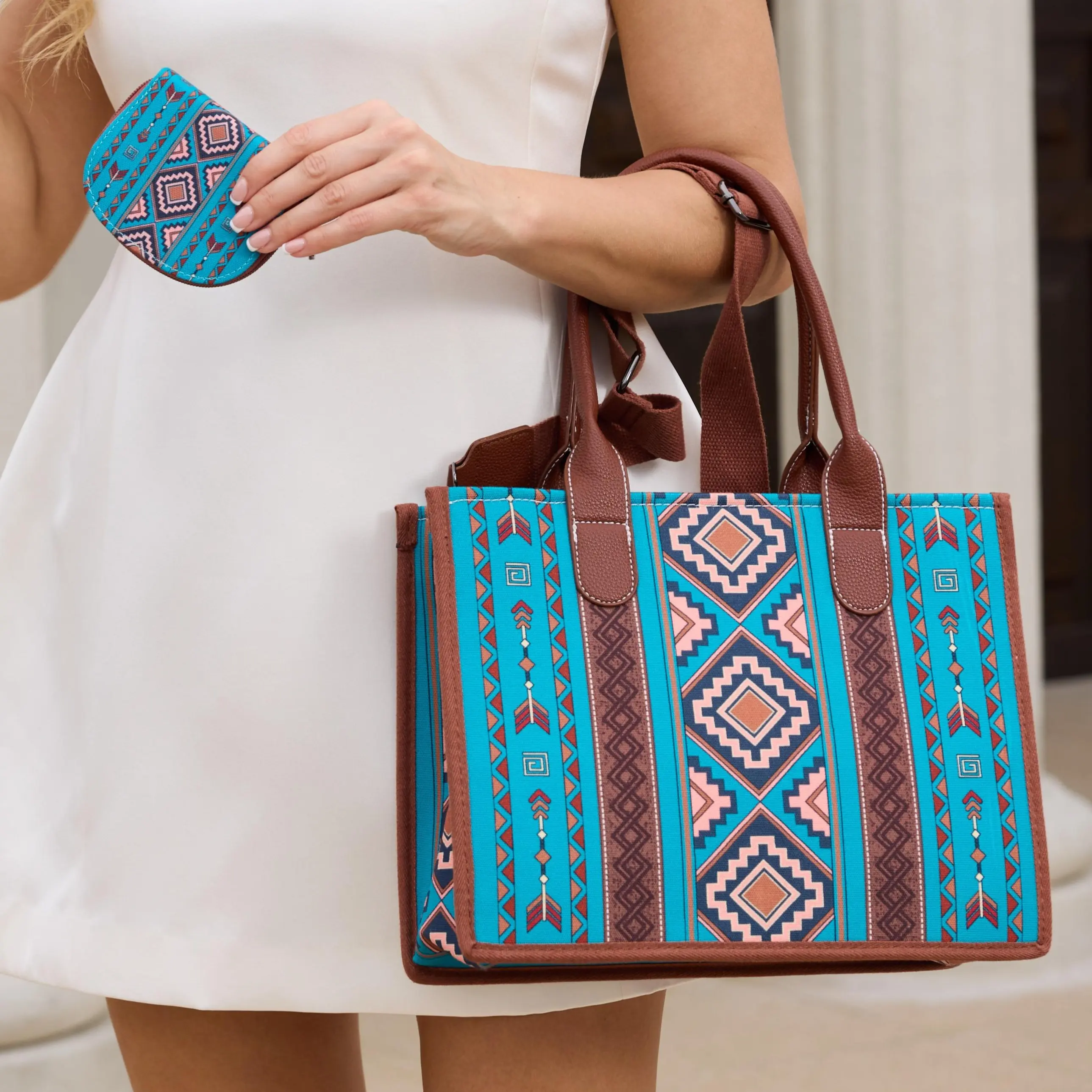 4-Piece Bohemian Canvas Tote Bag Set for Women – Geometric Pattern Shoulder Handbags with Matching Wallet & Zipper Closure, Casual Daily Boho Purse