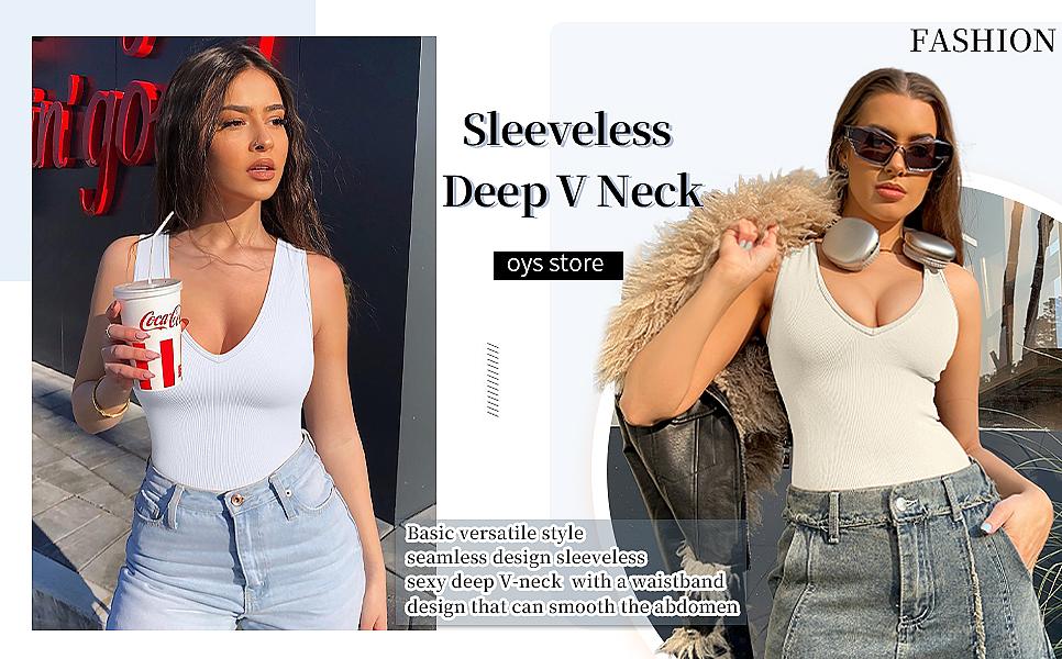 OYS Women's 2 Piece Sleeveless Deep V Neck Ribbed Leotard One Piece Bodysuit Tops