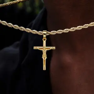 2026 New men's Cross necklace, the cross ofJesus Christ, gold twist necklace, fashionable andversatile, suitable as a gift for fathers and men,exquisite 18K gold-plated pendant