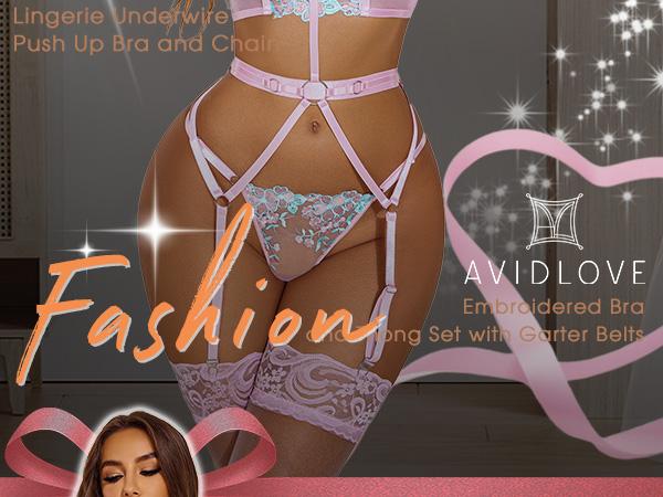 Avidlove Garter Lingerie Sets for Women Lace With Removable Choker Floral Embroidered Underwire Lingerie