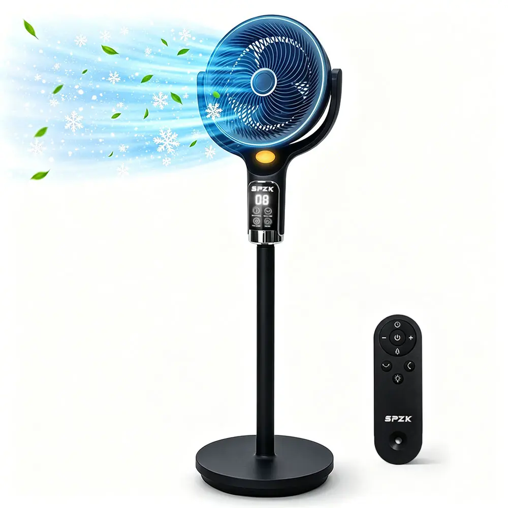 SPZK Air Circulator Pedestal Fan, Adjustable Height Standing Fan for Bedroom.   Oscillating Floor Fan with Remote, 8 Speeds, 9H Timer & Auto-Off. High-Quality Quiet Cooling Fan for Home Office & Nursery.