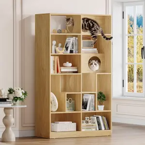 Modern 2 IN 1 Wood Bookshelf Cat House, Cat Tree Display Case with Storage, Cat Litter Box Enclosure Climbing Shelf