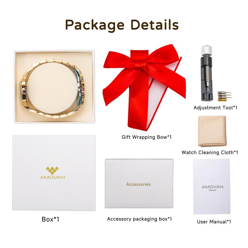 AMOVAN Gold Stainless Steel Bracelet Watch with Black Dial and Roman Numerals