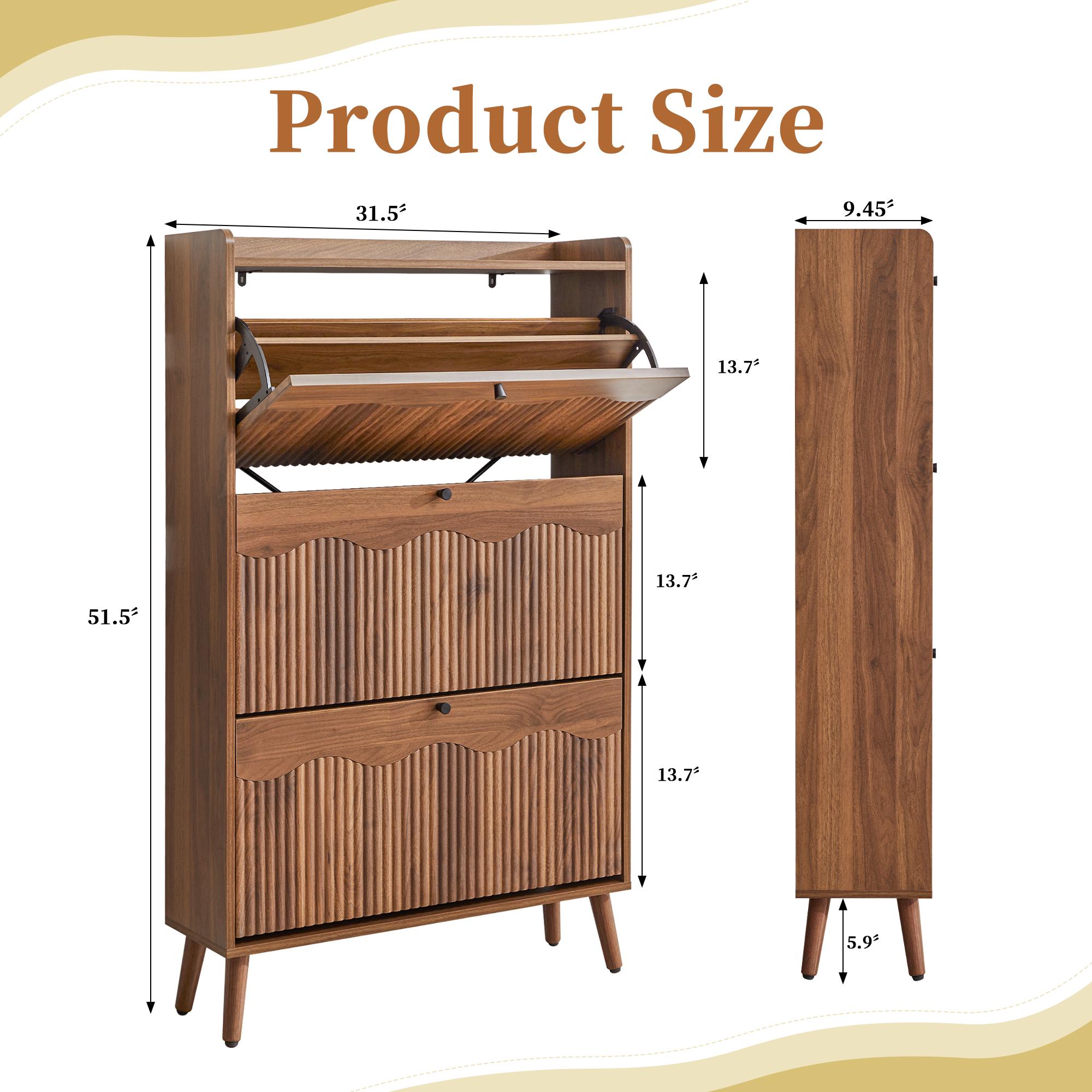 Giratree Wooden Fluted Shoe Cabinet with 2/3/4 Flip Drawers, Stylish Narrow Shoe Storage Organizer with Wave Design, Freestanding Entryway Shoe Rack for Hallway, Living Room