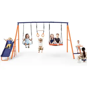 Swing Sets for Backyard with Slide 700 lbs - Outdoor Swingset Playground Set for Kids 3-12, Larger Metal Playset with 2 Adjustable Swings, Ring Trapeze Bar, Teeter-Totter & 5ft Wave Slide