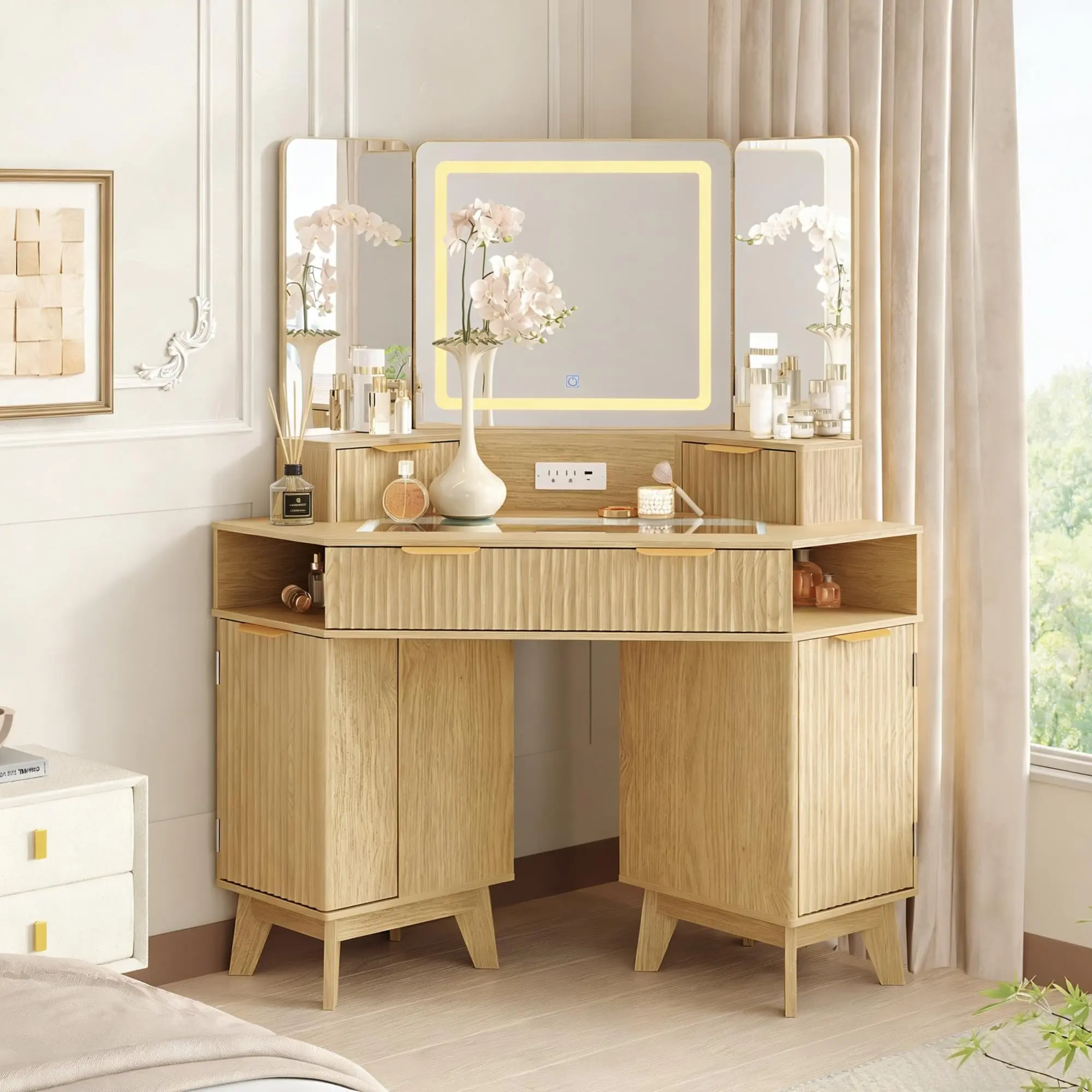 Garvee 48" Fluted Makeup Vanity Desk with Glass Top, HD 3-Panel Lighted Mirror, Spacious Storage & Built-in Charging Station – Modern Lighted Dressing Table for Bedroom, Oak