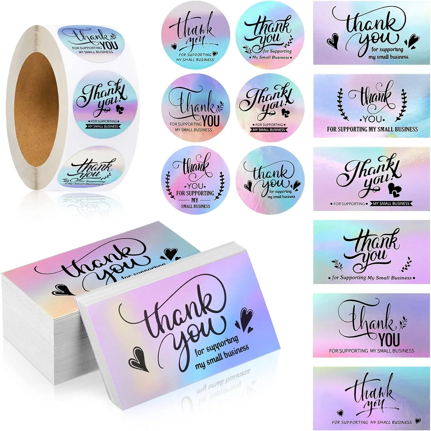 Elegant Minimalist 1120-Piece Thank You Cards & Self Adhesive Stickers Set for Home Improvement - 120 Business Cards, 1000-Roll Custom Stickers, Decorative Labels, Small Business Package Insert (Holographic Style), Greeting Stickers
