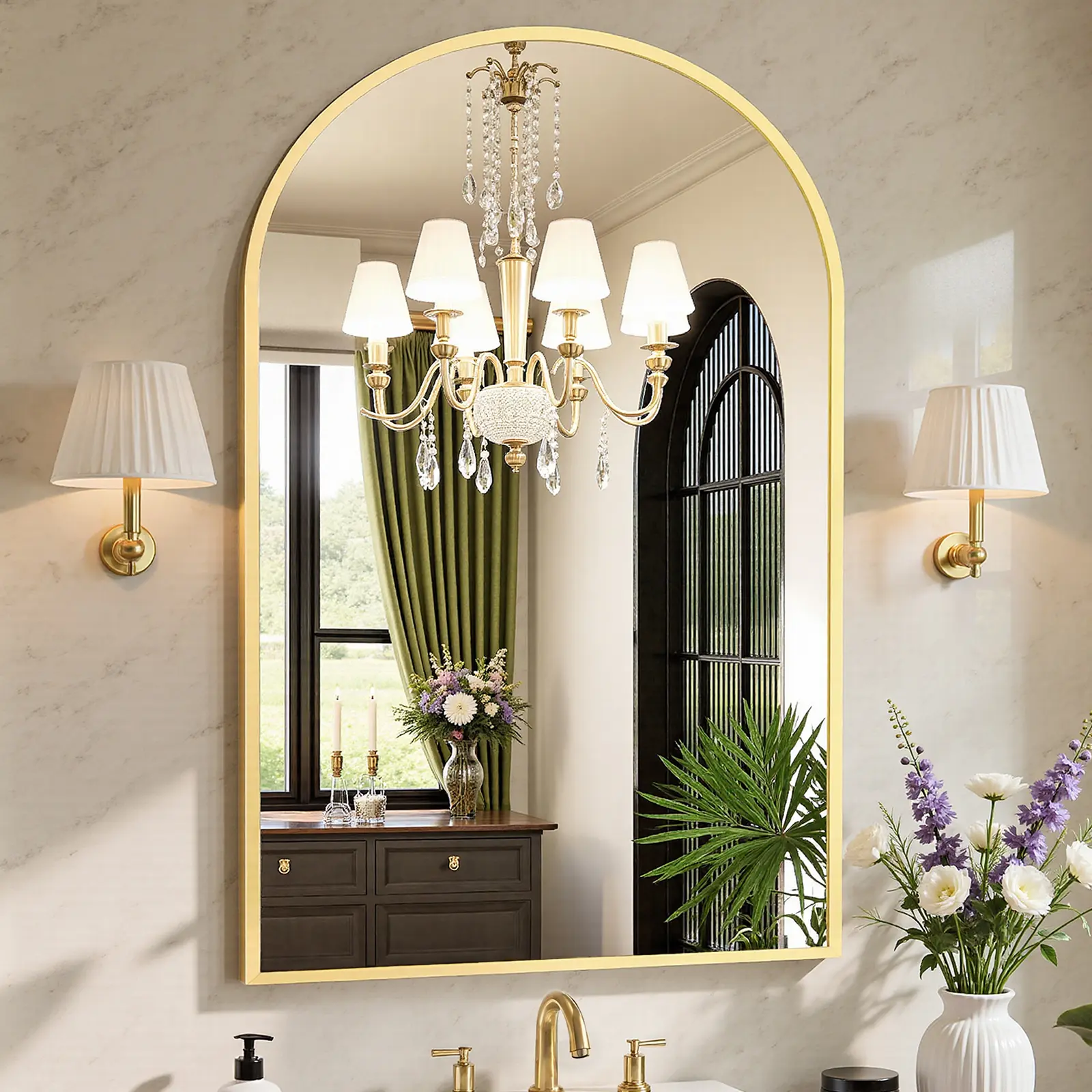 Arched Top Aluminum Frame Makeup Vanity Mirror - Modern Wall-Mounted Bathroom Mirror for Bedroom, Entryway Home Decor, Aluminum Frame Mirror