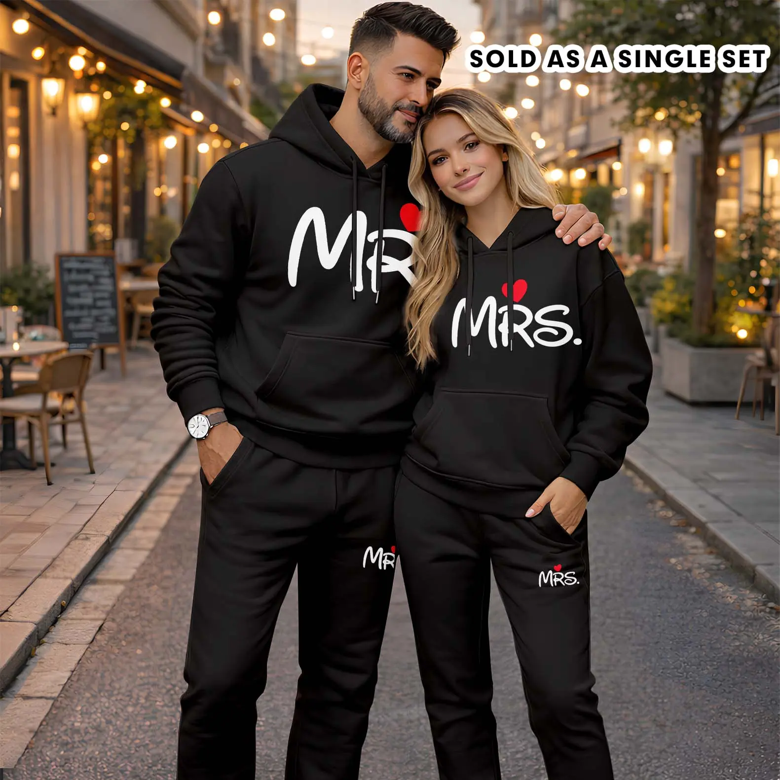 Men's Couple's Mr & Mrs Print 2-Piece Minimalist Casual Clothes Set - Long-Sleeve Polyester Hooded Sweatshirt, Drawstring Sweatpants Bottom, Mensfashion Sportswear, Suitable for Autumn-Winter-Spring Everyday Wear (Sold as 1 Set)