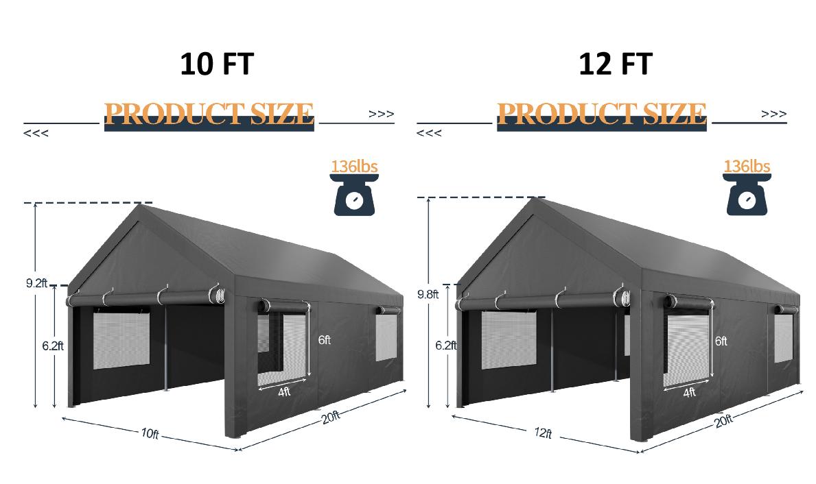 Walsunny Carport 10/12x20ft Outdoor Car Canopy Portable Garage, Heavy Duty Shed Tent Port with Roll-up Ventilated Windows & Removable Sidewalls Shelter Storage Vehicle Party Moisture Prevention for Camp, Farm, Tool, Grey, White Durable Pvc Walsunny Carport 10/12x20ft Outdoor Car Canopy Portable Garage, Heavy Duty Shed Tent Port with Roll-up Ventilated Windows & Removable Sidewalls Shelter Storage Vehicle Party Moisture Prevention for Camp, Farm, Tool, Grey, White Durable Pvc