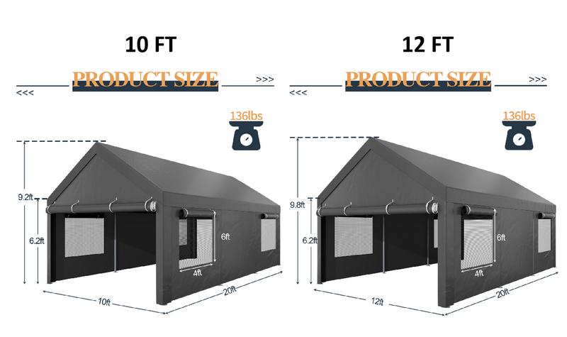 Walsunny Carport 10/12x20ft Outdoor Car Canopy Portable Garage, Heavy Duty Shed Tent Port with Roll-up Ventilated Windows & Removable Sidewalls Shelter Storage Vehicle Party Moisture Prevention for Camp, Farm, Tool, Grey, White Durable Pvc