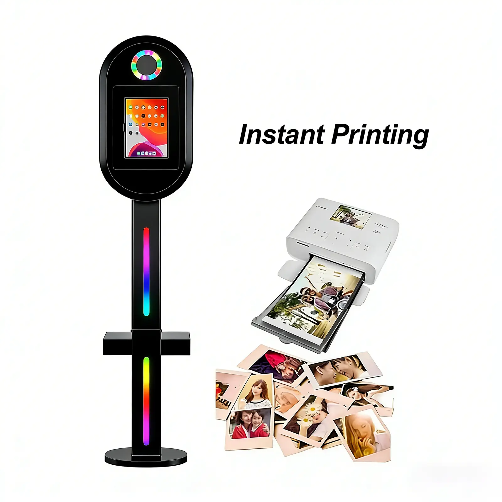 Black iPad DSLR Photo Booth Stand with Tripod Ring, Remote Control, RGB Lights, Flight Case, Instant Printing APP Compatibility, for Parties, Events