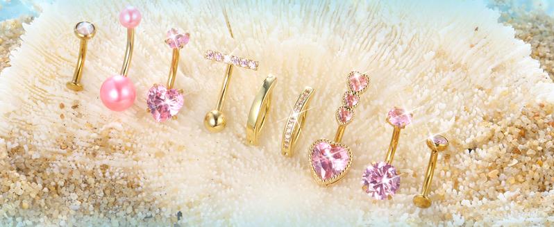 ORAZIO Gold Belly Button Ring Pack - 9Pcs Hypoallergenic Surgical Steel CZ Opal Pearl Clicker Floating Navel Piercing Jewelry for Women Comfortable 14G Bar Length