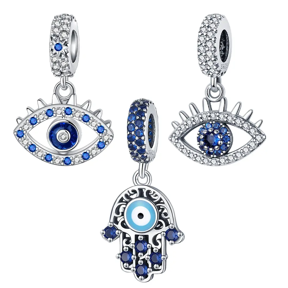 925 Sterling Silver Evil Eye-Hamsa Protection Charms, Blue Enamel Accents, Unisex Names Compatible, Lucky Charm Secured, For Bracelets-Necklaces, Adults’ Anniversary Jewelry Gifts, Eyes, Hand Designs, Auspicious, Daily Wear, Birthday, Casual, Diy Bracelet