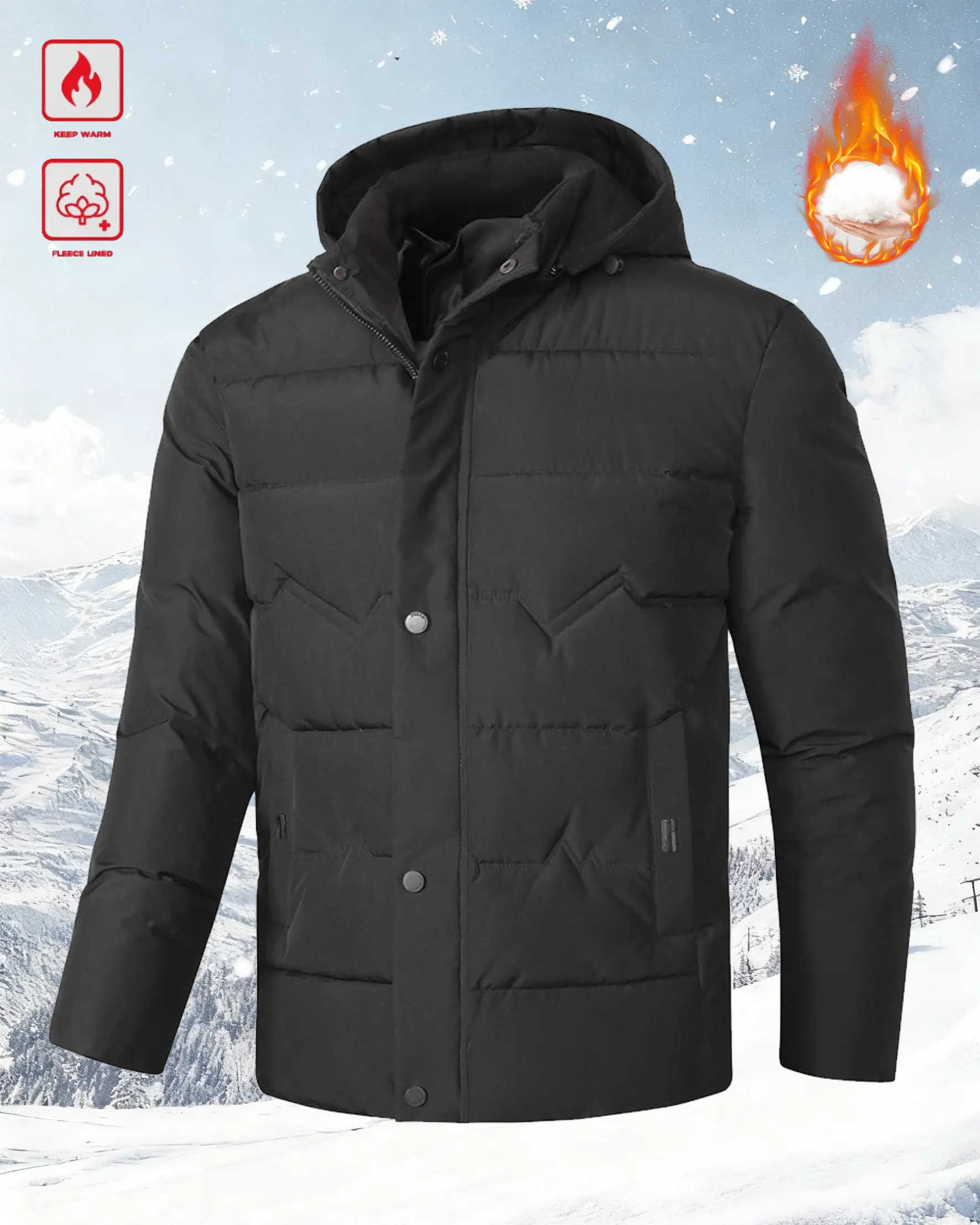 Men's Basics Fitted Plain Medium-Length Long-Sleeve Hooded Windproof Polyester Down Puffer Jacket - Pull-On Fasten, Tiered Layers, Multi-Function Normal Type, Essential for Men's Wardrobe, Machine Washable for Daily Casual Wear