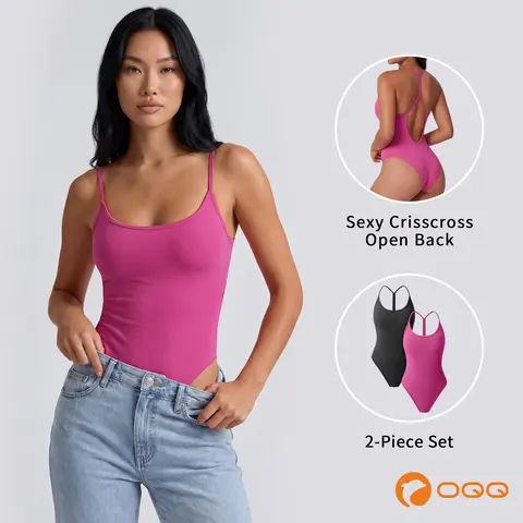 OQQ Women’s 2 Piece Fitted Sleeveless Scoop-Neck Y-Back Spaghetti Strap Bodysuit - Breathable Backless Tops for Workouts & Everyday Wear, Valentines Day Bodysuit for Women, Workout Tops