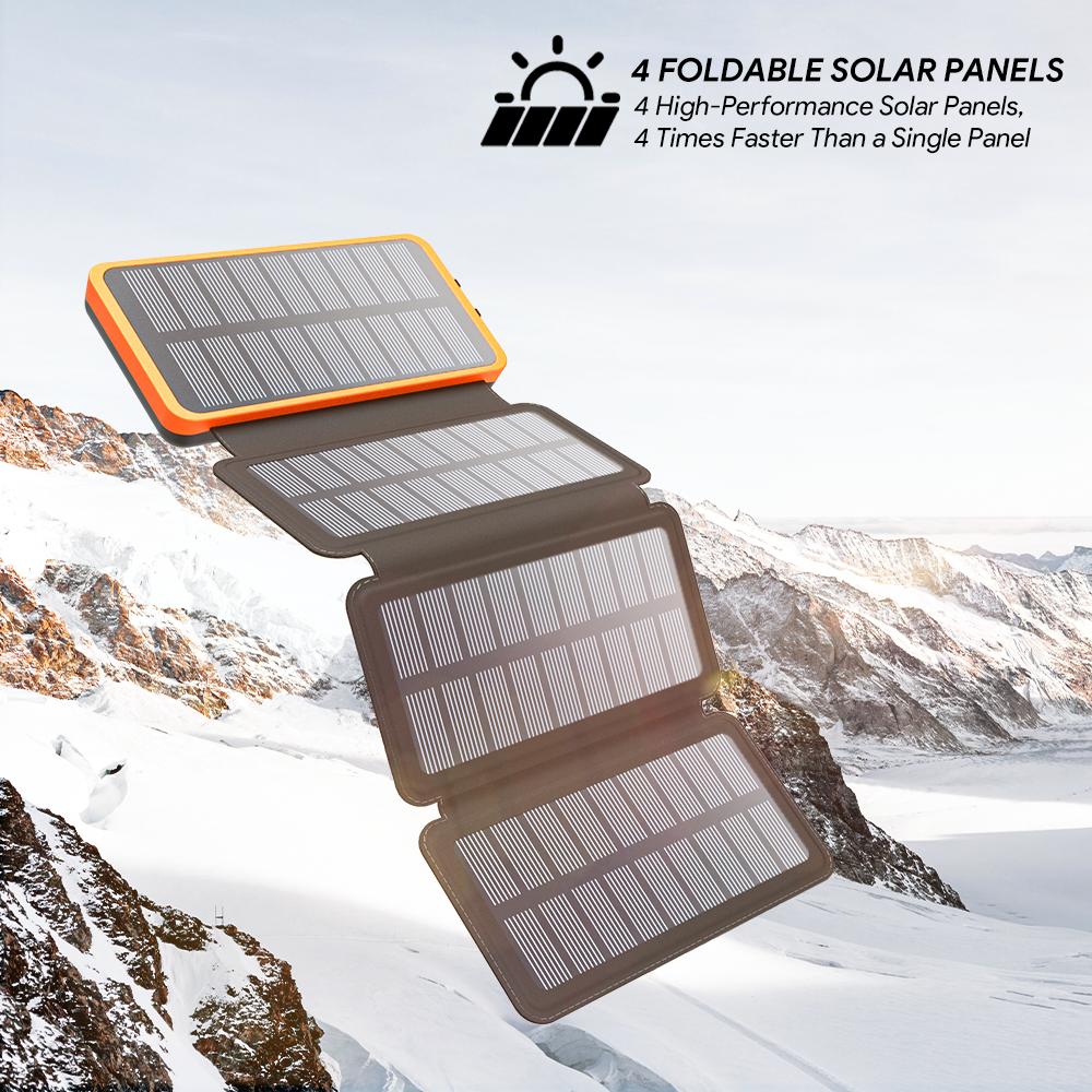 Solar Charger, Hiluckey Outdoor USB C Portable Power Bank with 4 Solar Panels, 3A Fast Charge External Battery Pack with 3 USB Outputs Compatible with Smartphones, Tablets, etc.