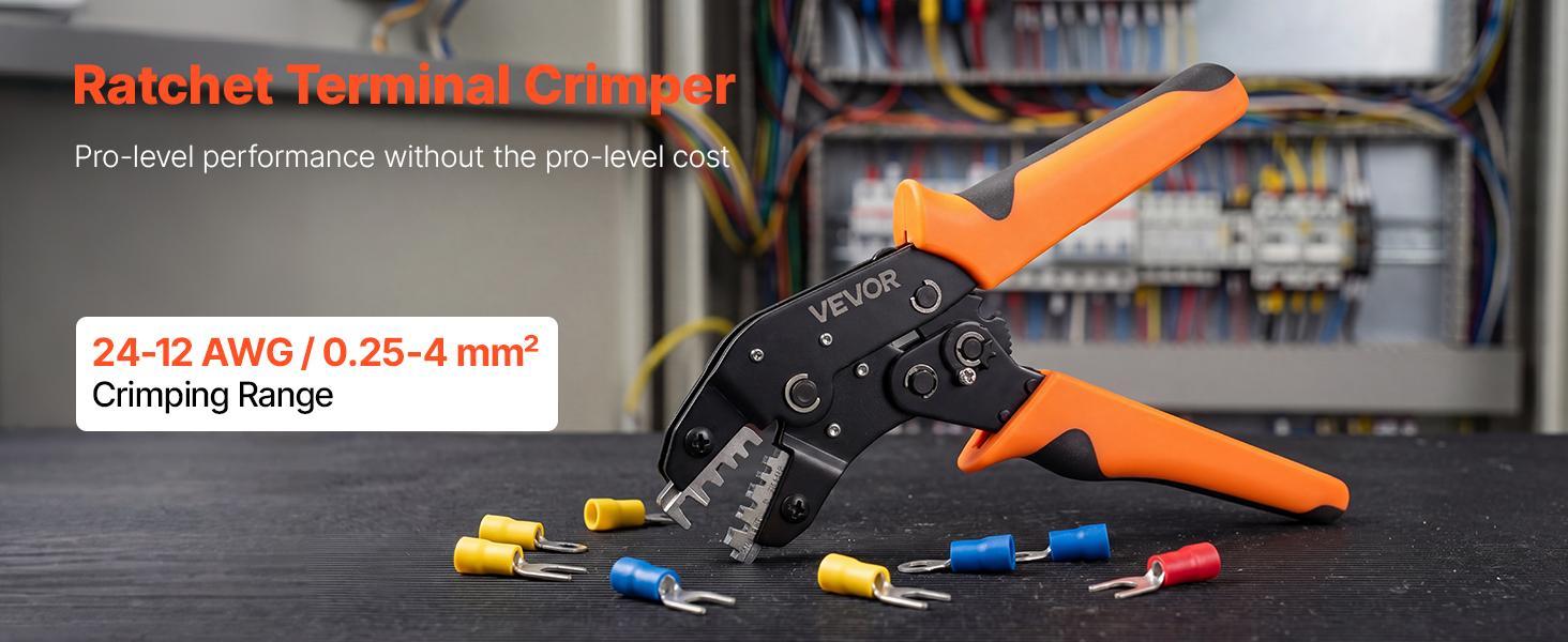 【Summerfinds】VEVOR Crimping Tool24-12 AWG Ratcheting Wire Crimper ToolLabor-Saving Electrical Terminal Crimp Pliers with Clear Metric & AWG MarkingsQuick ReleaseAdjustable Pressure for Multiple Terminals