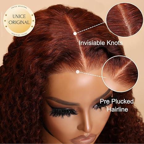 UNice 250% Density Afro Kinky Curly Wig Reddish Brown Color Glueless 7x5/13x4 HD Lace Frontal Human Hairs Wig with 16 Inch Beginners Friendly