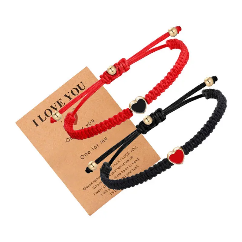 Adjustable Braided Bracelet Sets - Matching BF-GF Wristbands with Heart Charms, Friendship Bracelets, Gift Card for Anniversary, Valentine’s Day Presents, Matching Bf And Gf