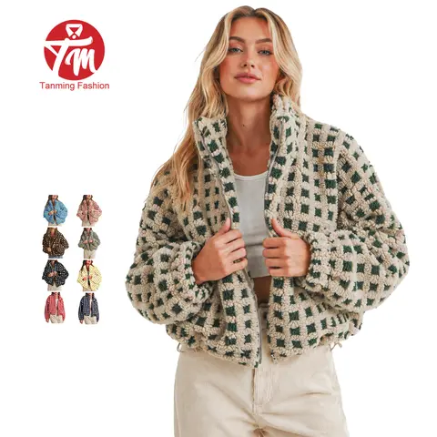Tanming Womens Plaid Fleece Jackets Cropped Fuzzy Sherpa Coats Stand Collar Full Zip Casual Fall Winter Spring Work School Vacation Outfits Clothing