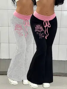 Women's Knitted Colorblock Print Flare Pants Set, Fashion Casual Punk Style Long Trousers, Piece Knit Outfit Set for Spring & Fall