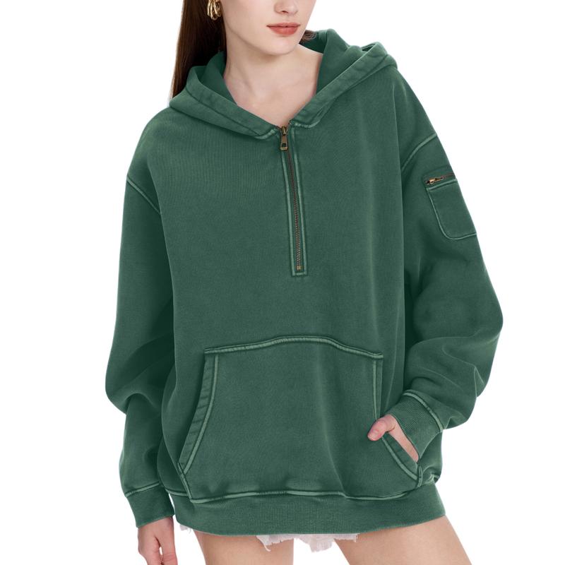 FAIABLE Oversized Hoodie for Women Vintage Acid Washed Heavyweight Fleece Half Zip Pullover with Kangaroo Pocket & Earbud Sleeve Pocket Casual Aesthetic Streetwear Style essential hoodies comfort hoodies zip hoodie