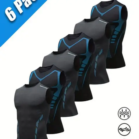 Men's 6-Pack Slim Fit Vests - Male Athletic Fashion Activewear, Quick-Dry Breathable Moisture-Wicking Fabric, All Seasons Snug Fit, 6-Vest Rotation, American-Style Training Wear for Yoga, Camping&Hiking