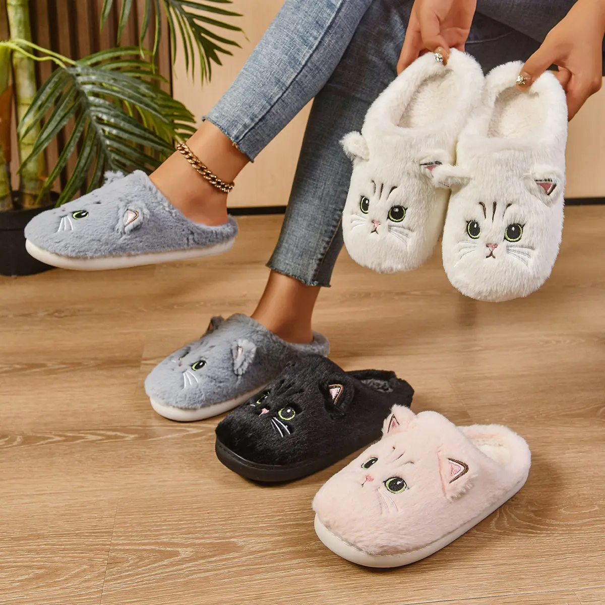 Women's & Men's Cat Theme Faux Fur Fuzzy Fashion Slippers - Winter Warm Cozy House Fur Slides