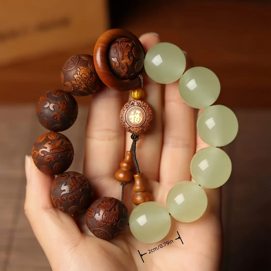 Vintage Style Beaded Strand Bracelet - 12mm Lacquered, 20mm Hand-Carved Wooden Beads, Tassel Pendant Unisex, Meaningful Meditation Tool, Couples Gift
