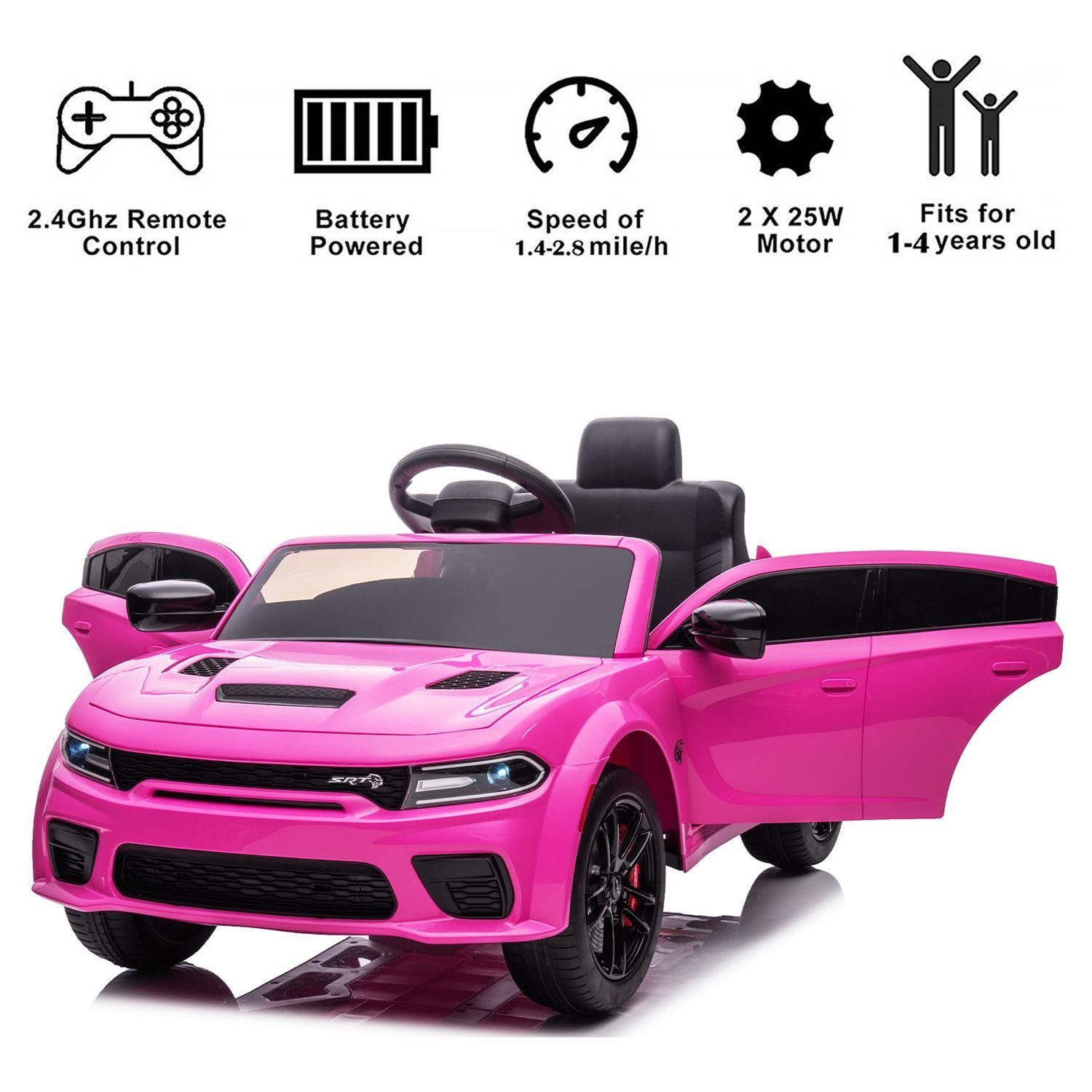Dodge First Ride On 12V Licensed Dodge Charger SRT Electric Ride-On Car for Kids with Remote Control Music Player LED Headlights Safety Belt Gift for Boys Girls Ages 3-5 Black Friday Safetybelt Rideoncar