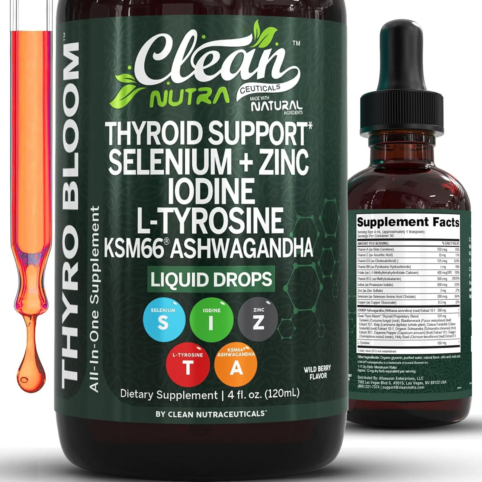 Clean Nutra Thyroid Support Drops Selenium, Zinc, Iodine, L-Tyrosine, Ashwagandha for Metabolism & Hormone Support - Thyro Bloom