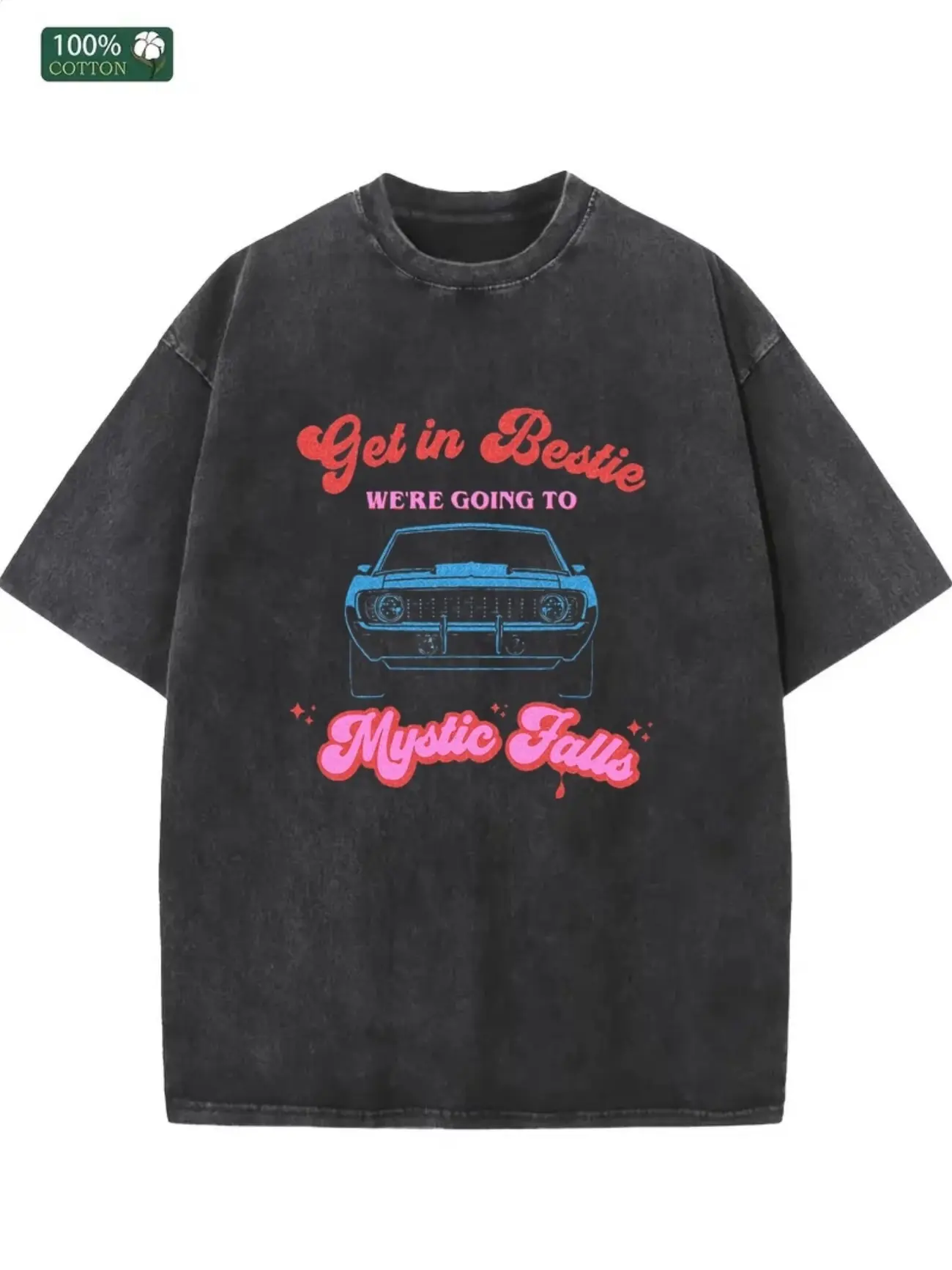 Vintage Washed Black Get In Bestie Mystic Falls Muscle Car Graphic Oversized T‑Shirt, Vampire Diaries TV Show Fan Casual Streetwear Top for Men Women