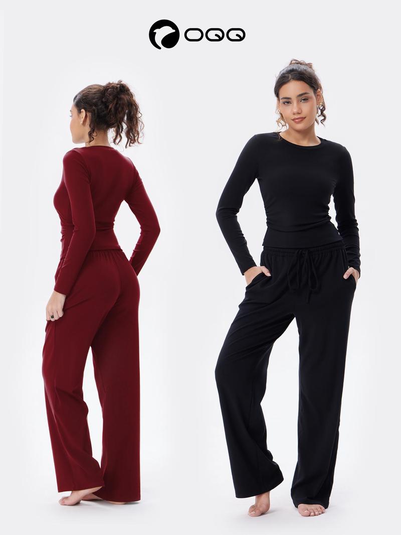 OQQ Women's Two Piece Sets For Women Fall Outfits Lounge Sets Round Neck Long Sleeve Tops Straight Pants Vacation Travel Outfits