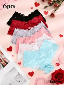 6PCS Women’s Floral Lace Panties with Bow – Breathable Sheer Underwear, Valentine’s Day Everyday Lingerie