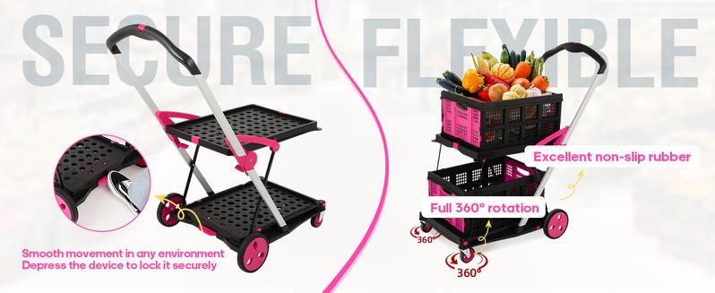 Foldable Utility Cart with Wheels,2 Layers Multifunctional Folding Cart for Cosmetic Organizer,Grocery,Office,Warehouse,Garden, Double Layers Foldable Shopping Cart,Folding Trolley for Luggage Heavy Duty(Blue/RED/PINK/Purple)