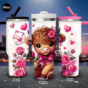 1pc 40oz Cute Highland Cow with Floral Crown and Roses Tumbler with Lid and straw, Winter Insulated Travel Mug, Gift for Women Men, Ideal for Valentine's Day, Birthday Gift, Coffee Cup for Office