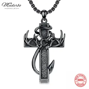 MEIDERBO S925 Sterling Silver Cross  Deer Antler Fish Hook Necklace Cross Pendant for Men Hunting Jewelry Gifts 22+2
