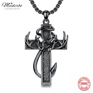 MEIDERBO S925 Sterling Silver Cross  Deer Antler Fish Hook Necklace Cross Pendant for Men Hunting Jewelry Gifts 22+2,summeroutfits,vacationoutfits,beachoutfits