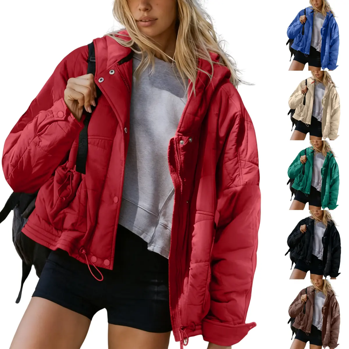 Bienmorn Women's Long Sleeve Hooded Puffer Jacket Oversized Quilted Zip Front Casual Warm Winter Coat Y2K Streetwear Short Outerwear