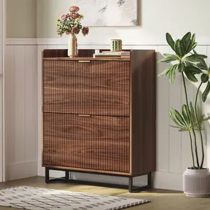 Shoe Storage Cabinet with 2 Flip Drawers, Narrow Wood Hidden Fluted Shoe Rack Organizer Cabinet for Entryway,Walnut,(Drawer Deepth Upgrade to 11.8in)