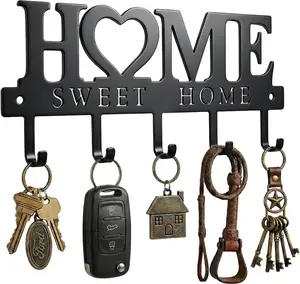 Entryway Wall Key Holder with 5 Hooks, Metal Key Rack Wall Mount for Keys, Bags and Leashes, Decorative Organizer for Entryway, Mudroom or Hallway, Sweet Home Design, 9.8 inches, Black
