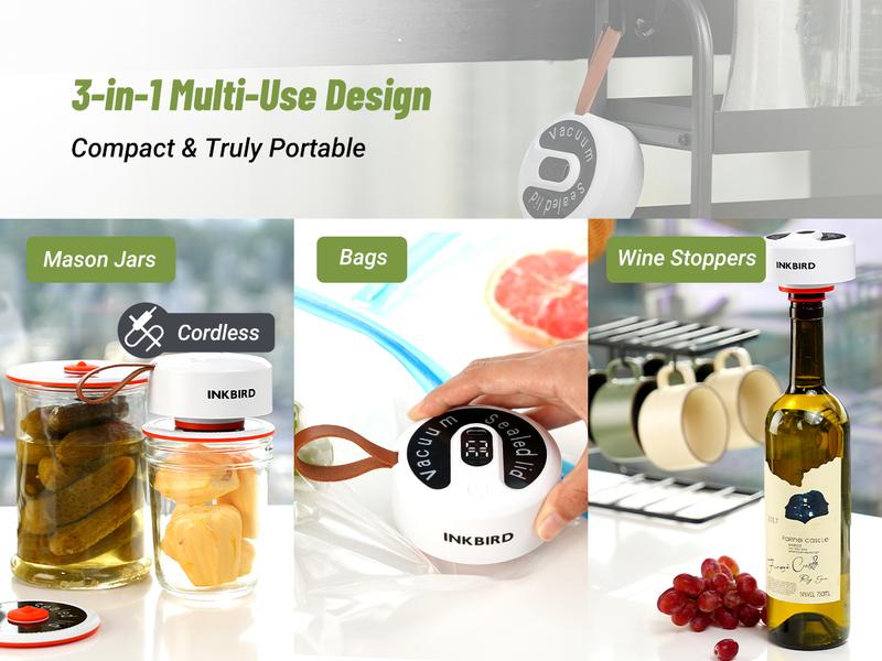 INKBIRD Compact Vacuum Sealer Handheld Portable with 60Kpa Suction Includes 4 Mason Jar Lids 2 Food Bags & 2 Wine Stoppers Rechargeable Design-TikTokShopHolidayHaul