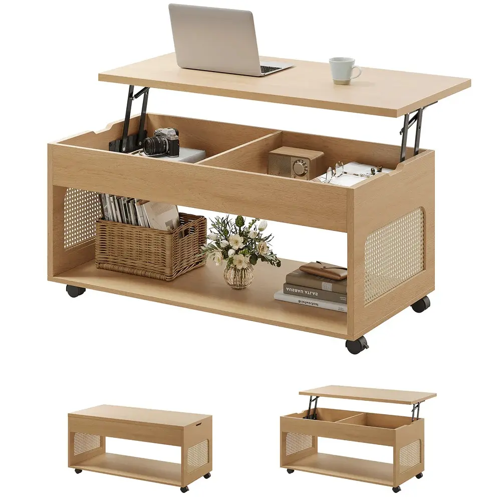 SIKAIC Natural Boho Rattan Lift-Top Coffee Table - Heavy Duty Metal Frame Center Tea Table with Hidden Storage, Lockable Casters, Natural Texture for Living Room