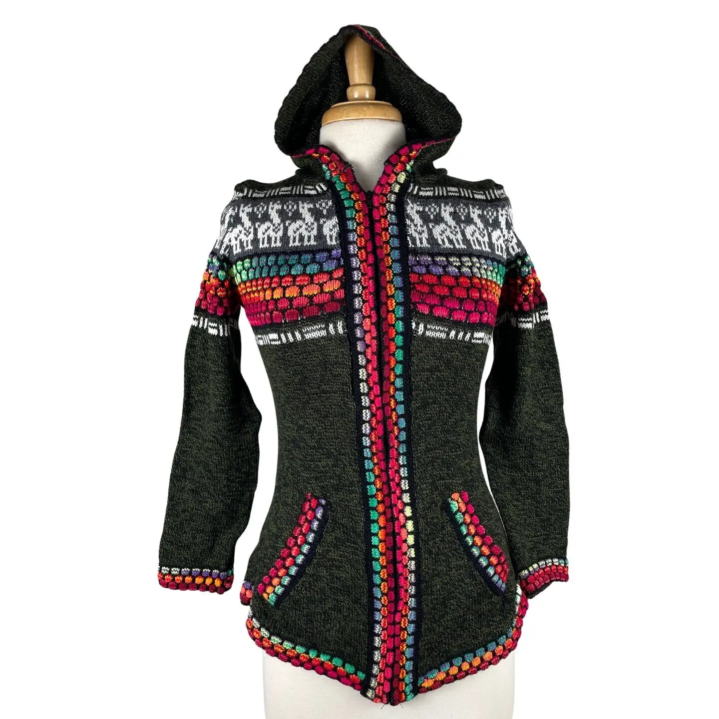 Women's Olive Bohemian Alpaca Sweater, Cute Long Sleeve Hooded Zip Up Cardigan with Llama Pattern and Pockets